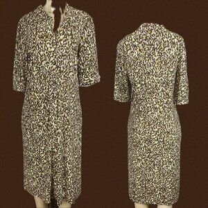 Liz Claiborne 12 Brown Multi Print Button Half Sleeve Below Knee Shirt Dress